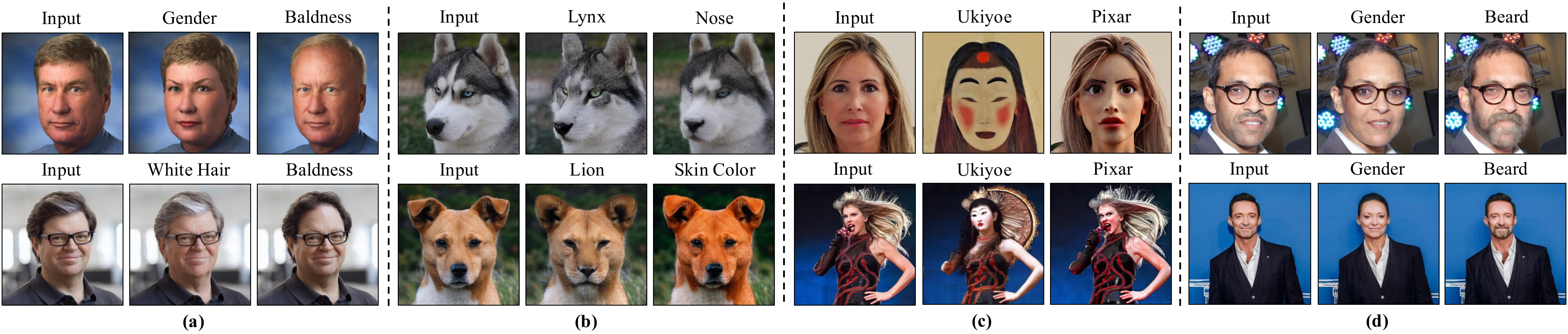 ViDiT directions across faces, animals, artistic styles, and real portraits